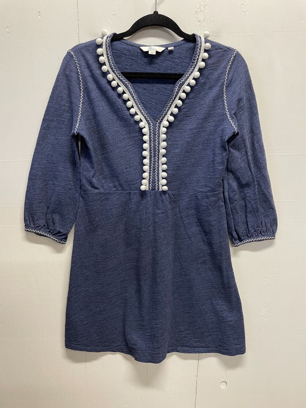 Boden Women's Carina Mini Tunic Dress White Pom Pom Trim Size 2 3/4 Sleeve Navy